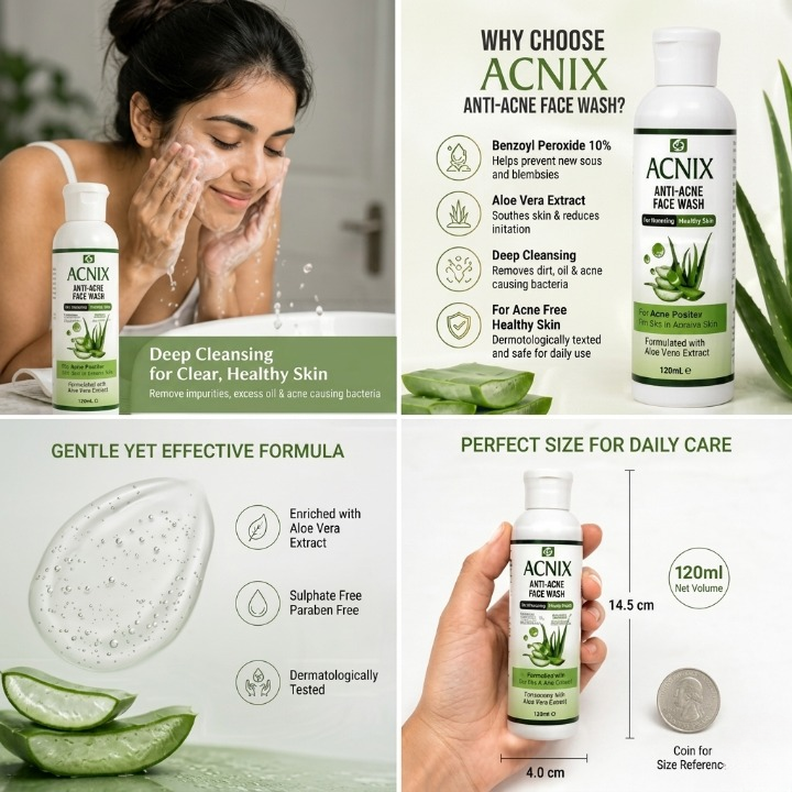 ACNIX Anti Acne Face Wash Deep Cleansing Formula With Benzoyl Peroxide And Aloe Vera 120 ml - Image 2