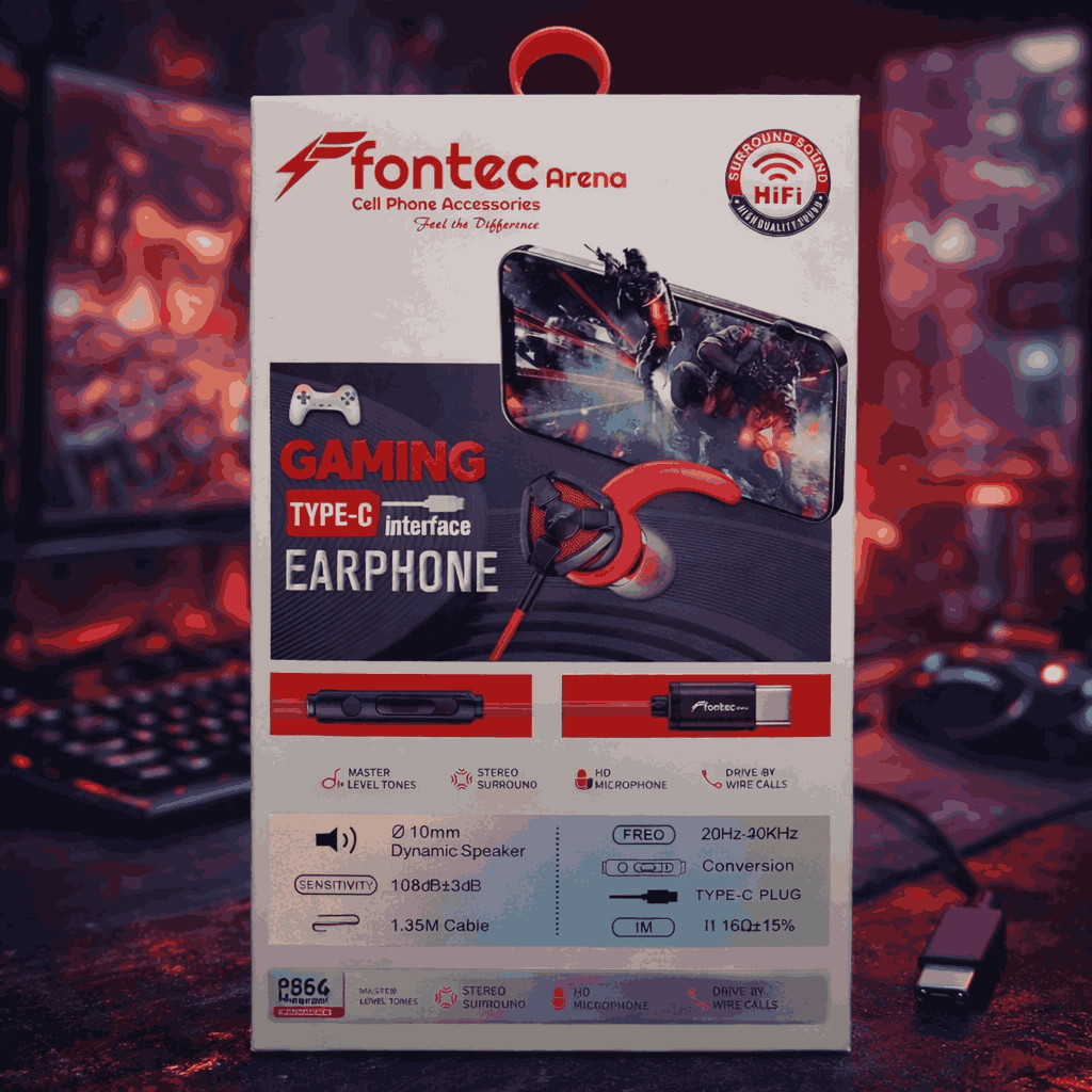 Fontec Arena Type-C Gaming Earphones with Detachable Mic – HiFi Stereo Surround Wired Handsfree for Type-C Devices (Random Color) - Image 3