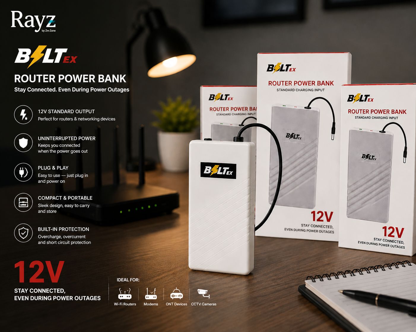 Bolt/ex 12V Router Power Bank on / off Button– High-Performance UPS for Non-Stop Internet (3-4 Hours Backup) - 20000Mah Battery - Image 3