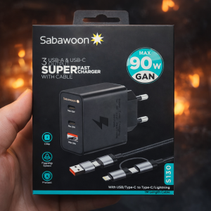 Sabawoon S130 90W GaN Super Fast Charger – 3 Port USB & Type-C...