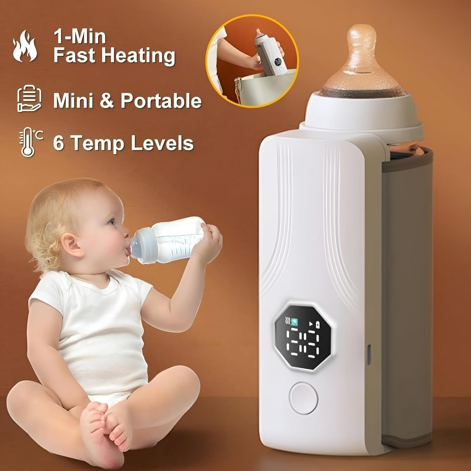 Portable Rechargeable Baby Bottle Warmer | Fast 1-Min Heating, USB Powered, 6 Temperature Levels – Mini & Travel-Friendly Milk Heater for Babies - Image 3