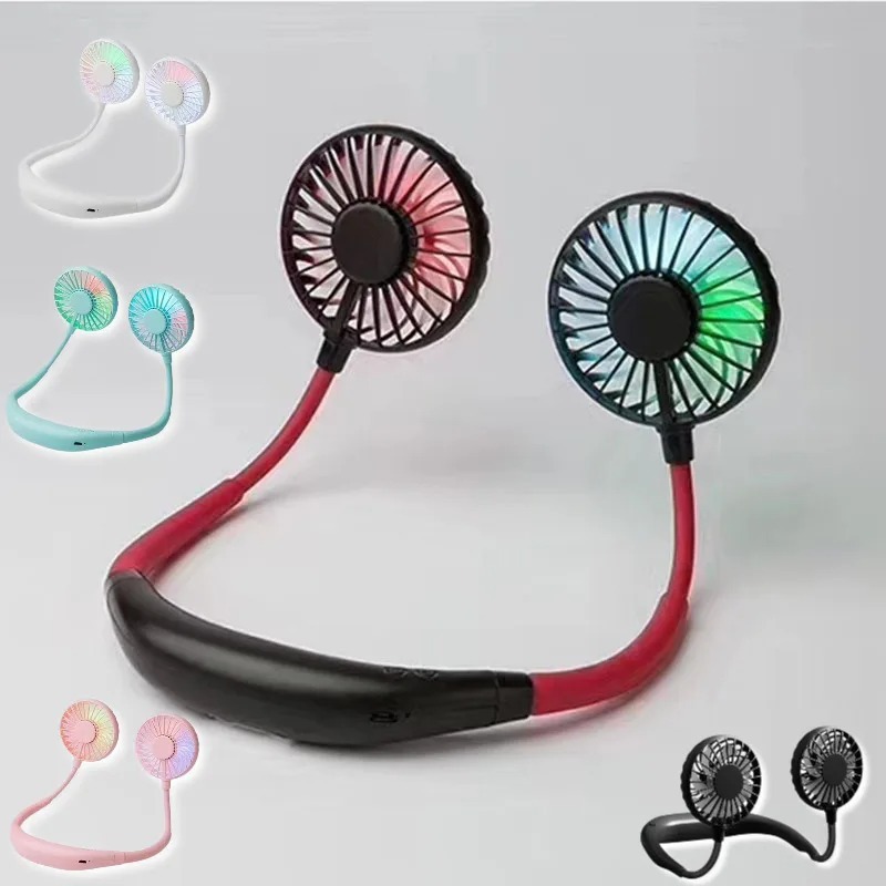 Lazy Portable Silent Neck Fan – Wearable Rechargeable Dual Fan with LED Light & 3-Speed Control (Random Color)
